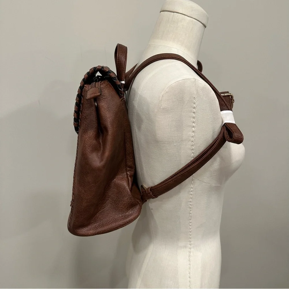 ALYSSA Faux Vegan Leather Whipstitch Brown Backpack New - Picture 2 of 13